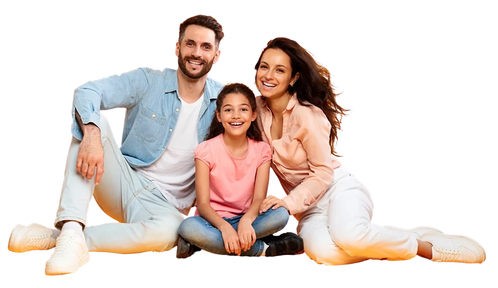 smiling family of three sitting